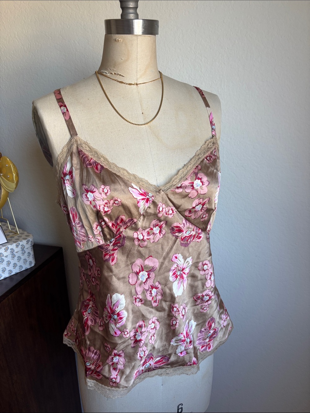 Express Taupe Floral Lace-Trim Camisole with Pink Flowers
